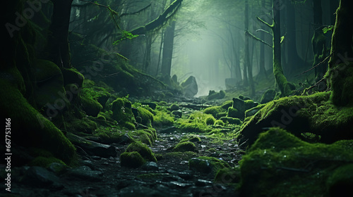 Magic deep forest with moss and fog.