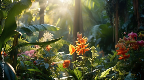 Sunrise in jungle rainforest view through tropical palm tree plants and lush fern foliage. Beautiful sunny morning in magic forest. Exotic nature landscape with wonderful majestic scenery.