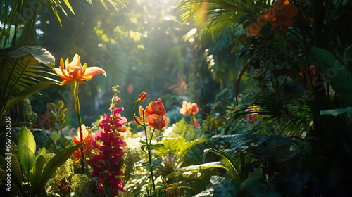 Sunrise in jungle rainforest view through tropical palm tree plants and lush fern foliage. Beautiful sunny morning in magic forest. Exotic nature landscape with wonderful majestic scenery. © Santy Hong