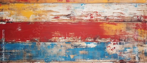 old rustic abstract painted wooden wall table floor texture - Grunge red blue yellow white painting shabby peeled off wood background.