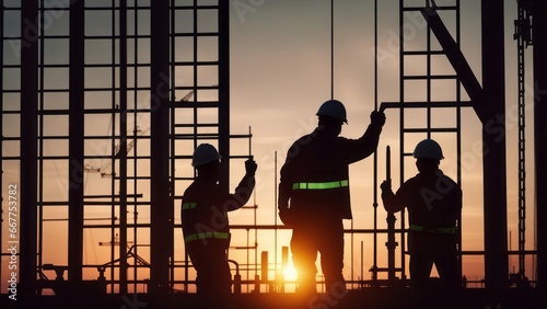 Silhouette of engineer and construction team working safely height building at sunset