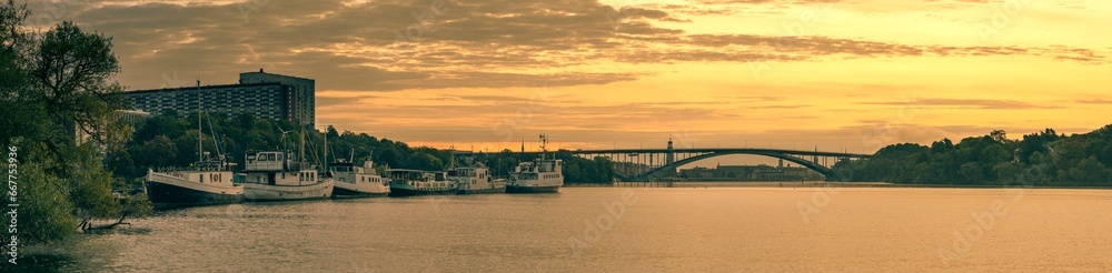 Stockholm Panorama sunrise morning with a bridge