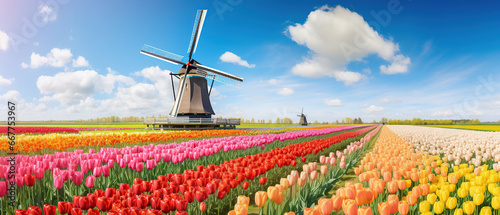 Panorama of landscape with blooming colorful tulip field, traditional dutch windmill and blue cloudy sky in Netherlands Holland , Europe - Tulips flowers background panoramic banner. #667753967