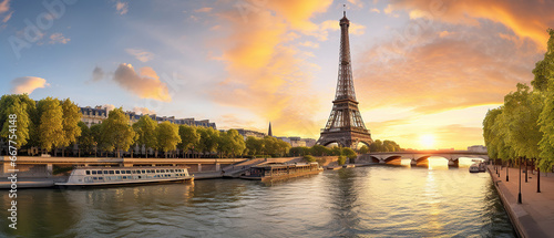 Paris Eiffel Tower and river Seine at sunset in Paris, France. Eiffel Tower is one of the most iconic landmarks of Paris. © Santy Hong