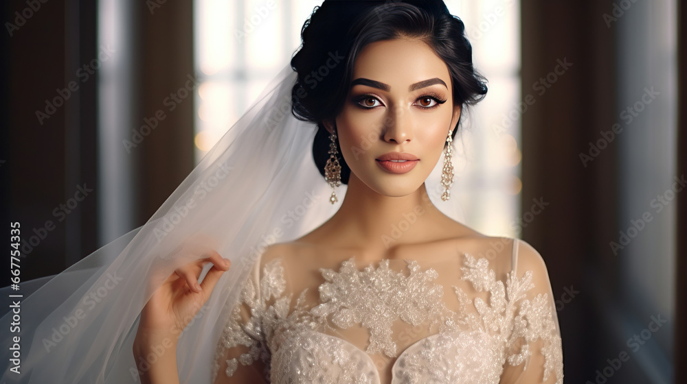 Portrait of the beautiful bride against a window indoors. Portrait of the beautiful bride against a window indoors.