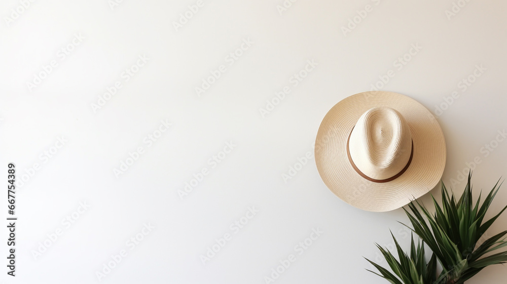 Beach hat on white background with copy space. Summer and travel concept. generativa IA Beach hat on white background with copy space. Summer and travel concept. generativa IA