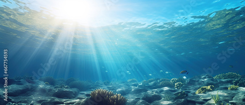Sea underwater view with sun light. Beauty nature background. photo