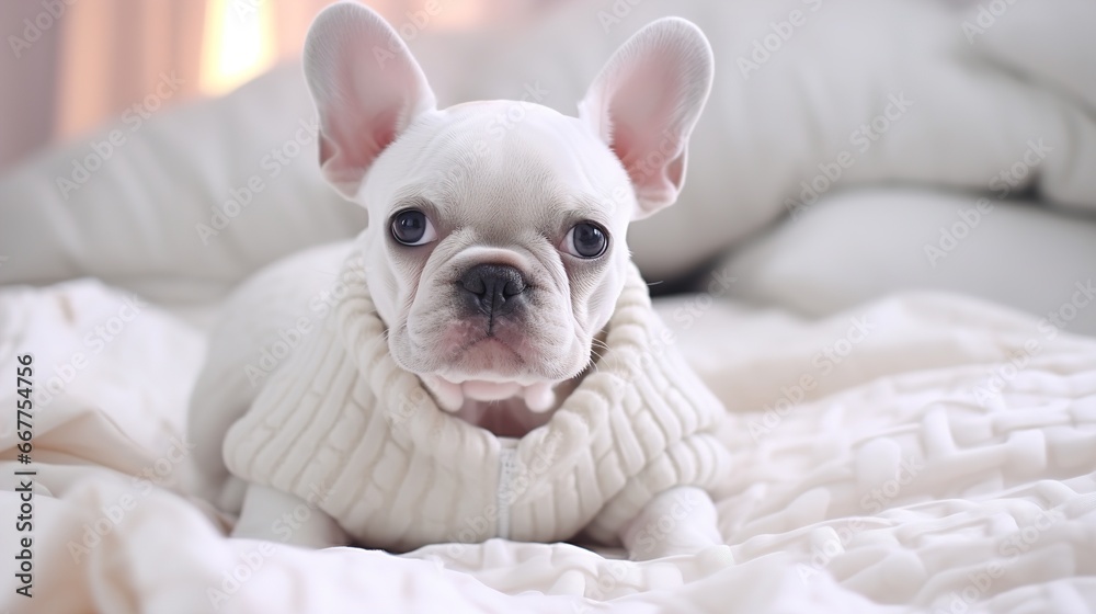 White French bulldog in warm knitted clothes resting on the bed