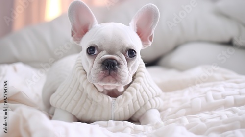 White French bulldog in warm knitted clothes resting on the bed © dwoow