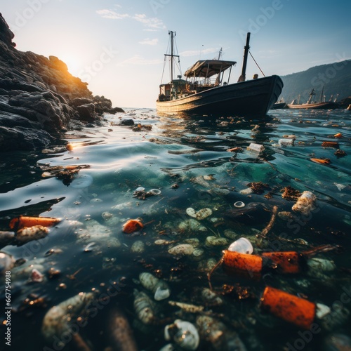 Waste pollution from plastic and household waste in rivers and seas pollutes the environment and water, good for advertising, blogs, websites, nature lovers etc. Generative Ai Image
