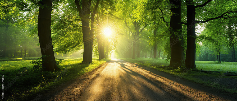 Obraz premium Single lane rural gravel road through the tall green linden trees. Sunlight flowing through the tree trunks. Fairy forest scene. Art, hope, heaven, wilderness, loneliness, pure nature concepts.