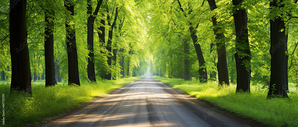 Obraz premium Single lane rural gravel road through the tall green linden trees. Sunlight flowing through the tree trunks. Fairy forest scene. Art, hope, heaven, wilderness, loneliness, pure nature concepts.