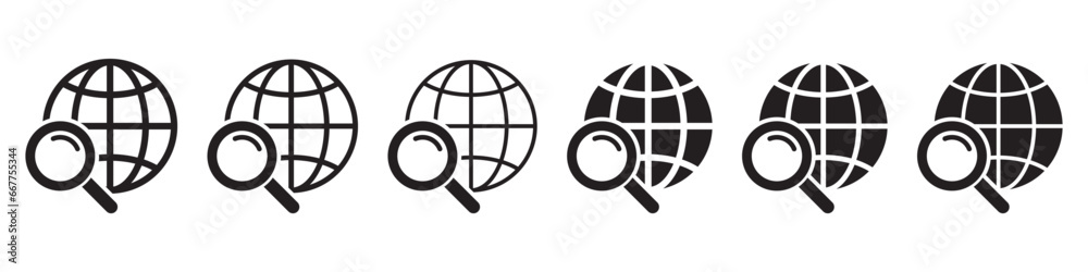 Magnifier and globe icon, search for a place on a map or on the globe icon. The icon of the magnifying glass and planet Earth. - obrazy, fototapety, plakaty 