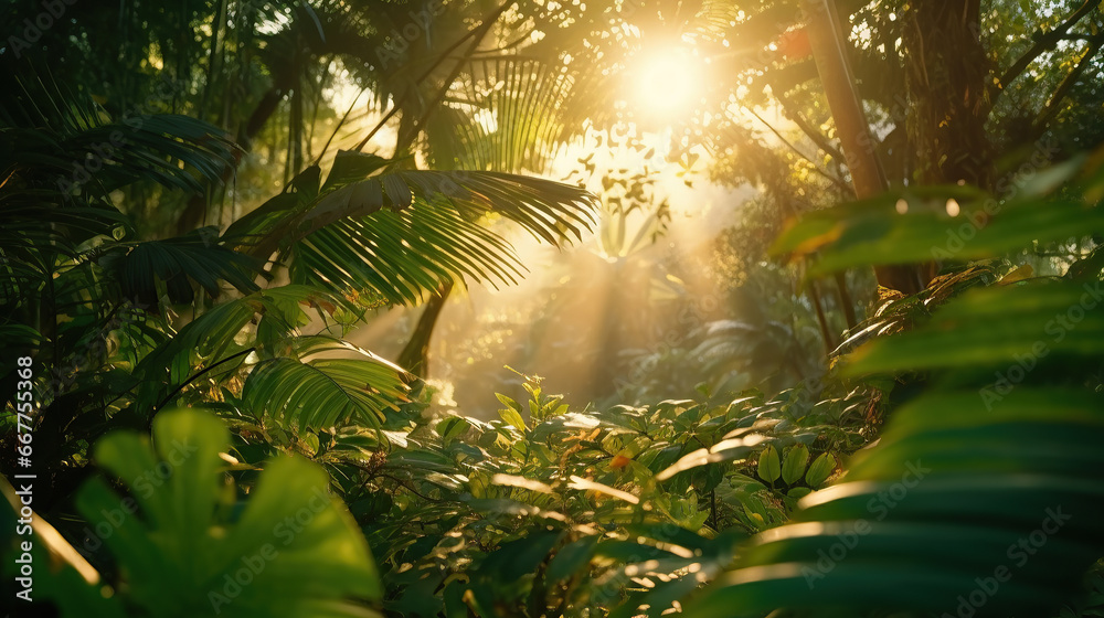 Obraz premium Sunrise in jungle rainforest view through tropical palm tree plants and lush fern foliage. Beautiful sunny morning in magic forest. Exotic nature landscape with wonderful majestic scenery.