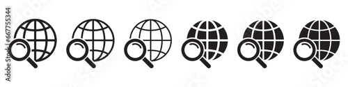 Magnifier and globe icon, search for a place on a map or on the globe icon. The icon of the magnifying glass and planet Earth.