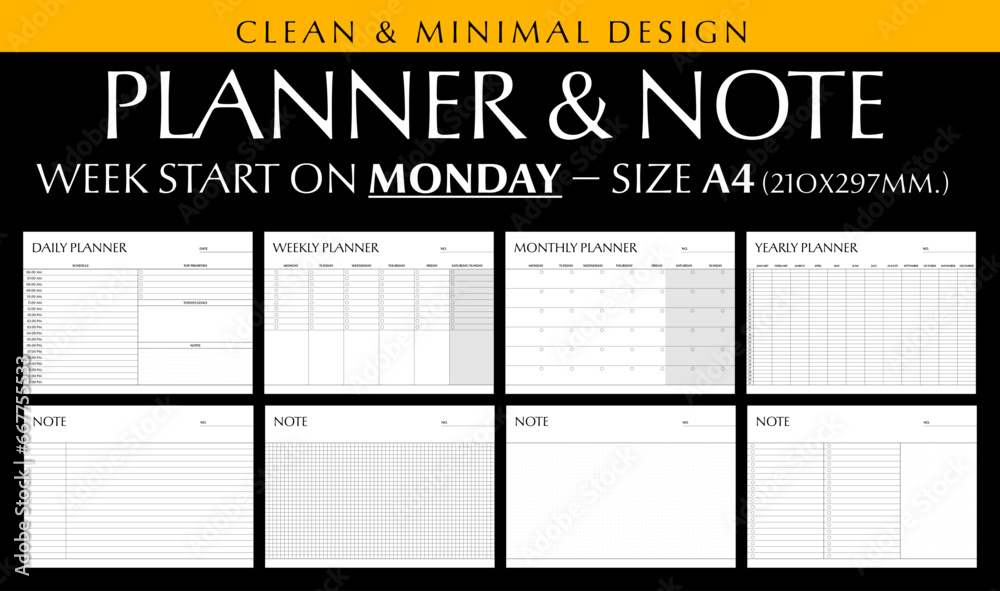 Planner and note template clean and minimal design size A4, Week start on monday - obrazy, fototapety, plakaty 