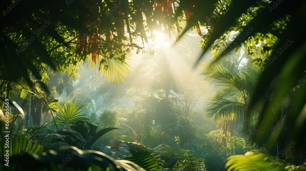 Obraz premium Sunrise in jungle rainforest view through tropical palm tree plants and lush fern foliage. Beautiful sunny morning in magic forest. Exotic nature landscape with wonderful majestic scenery.
