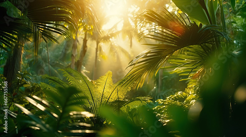 Sunrise in jungle rainforest view through tropical palm tree plants and lush fern foliage. Beautiful sunny morning in magic forest. Exotic nature landscape with wonderful majestic scenery. © Santy Hong