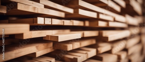 Stacked wooden bars in workshop of furniture manufacture photo