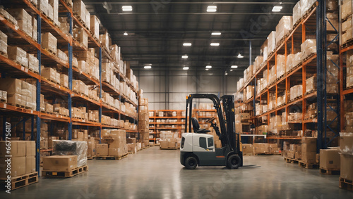 retail warehouse filled with boxes, logistics atmosphere, forklifts, distribution area photo
