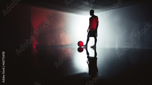 Captivating Soccer Player Posing with a Ball in an Enigmatic, Dimly Lit Room red light in dark gym 