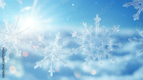 Winter weather snow snowy, chrsitmas background banner greeting card - Frame made of frozen ice crystal and snowflakes and with blue sky and sunshine.