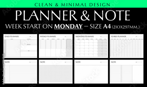 Planner and note template clean and minimal design size A4, Week start on monday