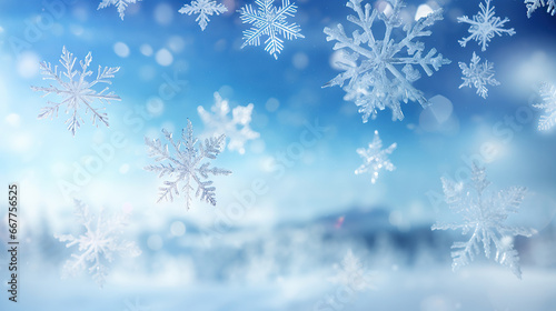 Winter weather snow snowy, chrsitmas background banner greeting card - Frame made of frozen ice crystal and snowflakes and with blue sky and sunshine. © Santy Hong