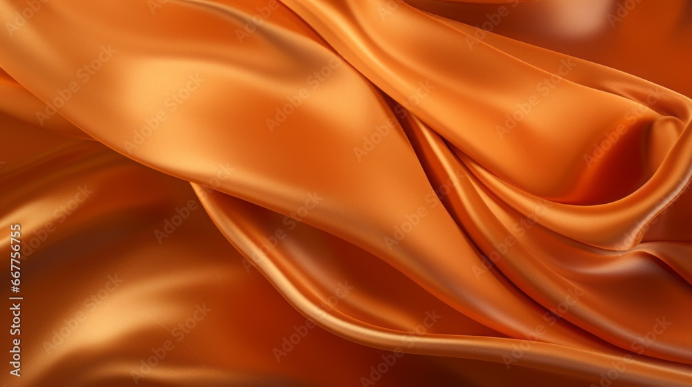 Fototapeta premium Orange silk backdrop. Satin luxury curtain background. Shiny golden fabric.