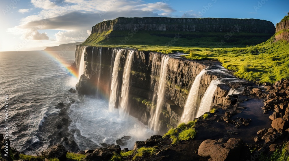 Panoramic view of beautiful waterfall with rainbow Panoramic view of beautiful waterfall with rainbow