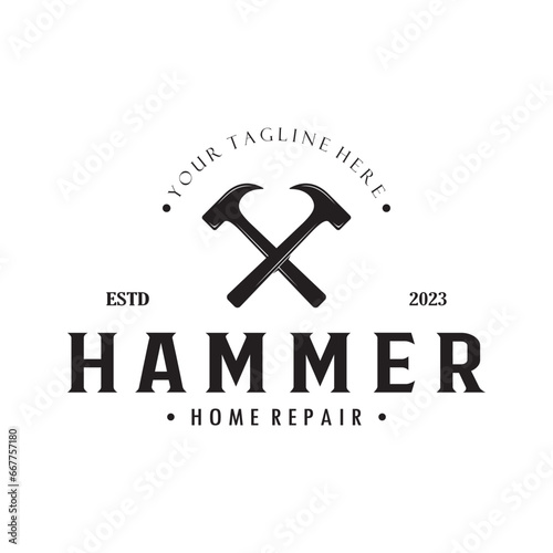 retro vintage crossed hammer and nail logo for home repair services, carpentry, badges, builders, woodworking, construction, vector