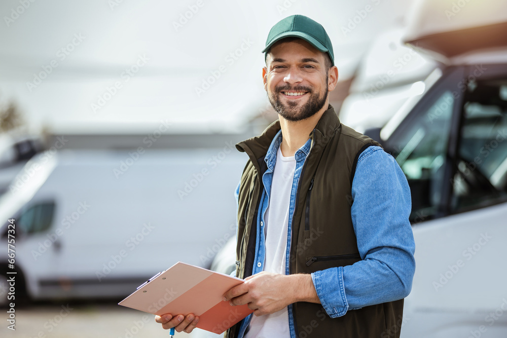 Happy confident male driver standing in front on his truck Happy confident male driver standing in front on his truck