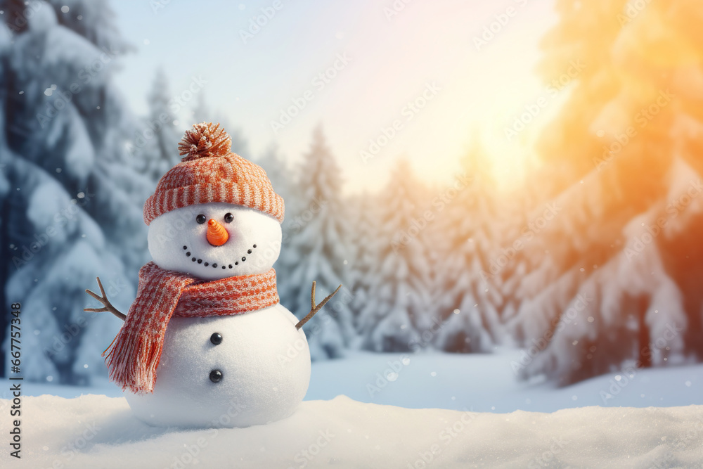 Obraz premium Snowman in the Woods. Generative Ai