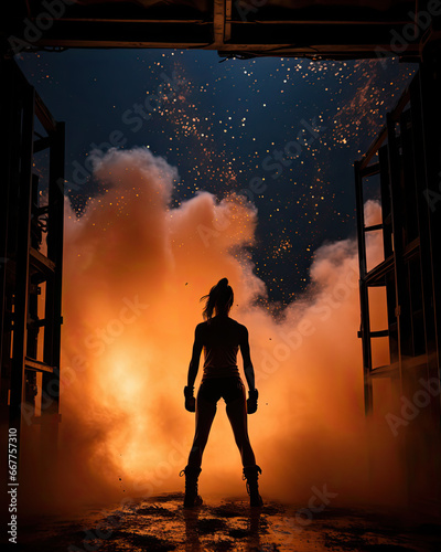 woman boxer prepares an explosive entrance for her boxing match  silhouette of the fighter in front of a screen of orange smoke  a show before the match  backstage photography  catch  or mma fight 
