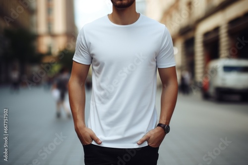 Shirt mockup. Young male model. Sleek t-shirt.