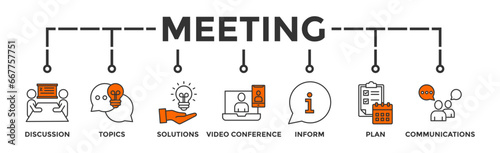 Meeting banner web icon vector illustration for business meeting and discussion with communications, topics, solutions, plan, inform and video conference icon