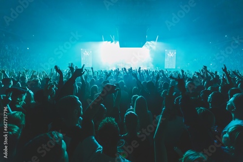 Cuadro en lienzo Big people crowd cheering and dancing in huge concert