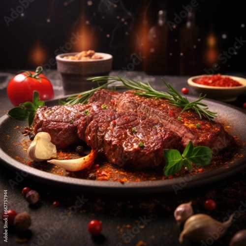 A delicious steak is placed on a plate, which is placed on a table. Perfect for food-related projects or restaurant promotions.