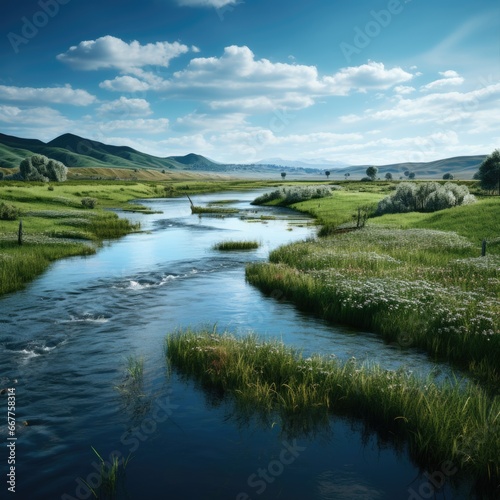 A beautiful image capturing a river flowing through a vibrant and verdant green field. Perfect for nature enthusiasts and travel brochures.