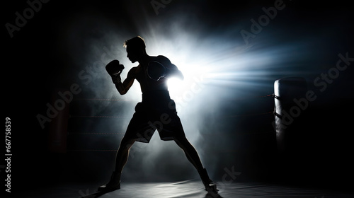 boxer in a fighting position, a muscular silhouette against the light lit by a bright white light in a smoke screen, lens flare and black background, creative combat sport banner photo