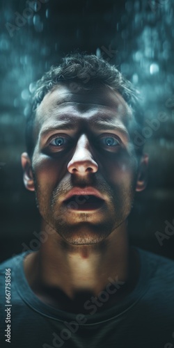 A man is depicted staring at something in the dark. This image can be used to portray mystery or anticipation in various projects.