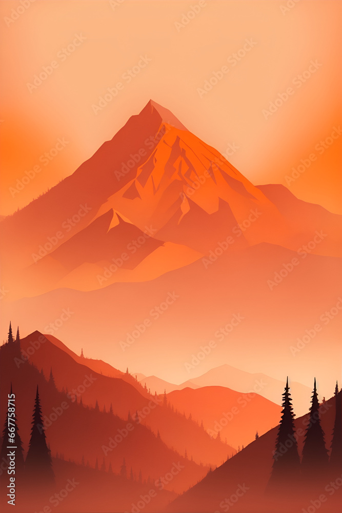 Misty mountains at sunset in orange tone, vertical composition