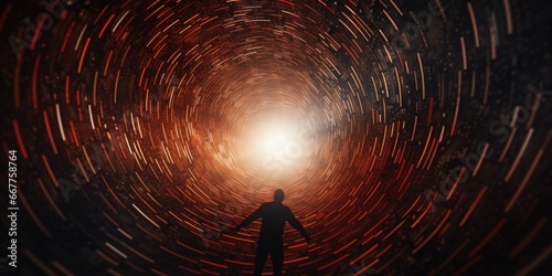 A person standing in a tunnel with a light shining at the end. This image can be used to represent hope, determination, or the journey towards a goal.