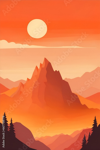 Misty mountains at sunset in orange tone  vertical composition