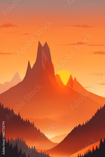 Misty mountains at sunset in orange tone, vertical composition