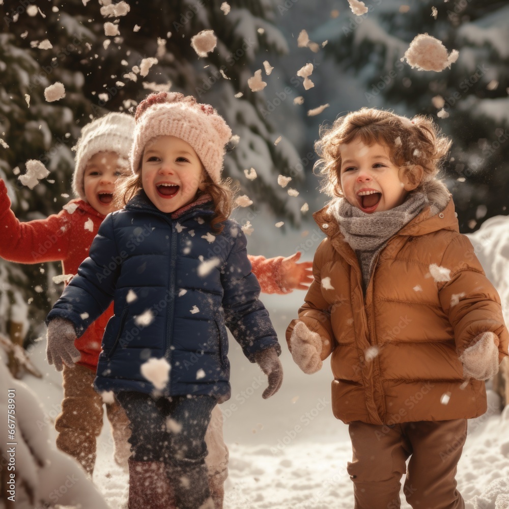 A group of children having fun and playing in the snow. Perfect for winter activities and family fun.