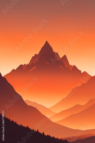 Misty mountains at sunset in orange tone  vertical composition