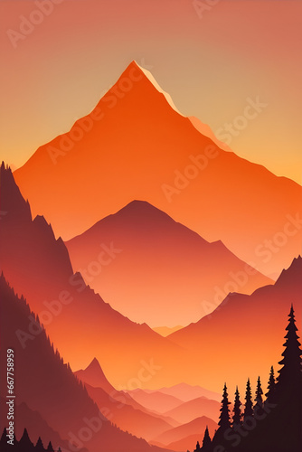 Misty mountains at sunset in orange tone, vertical composition