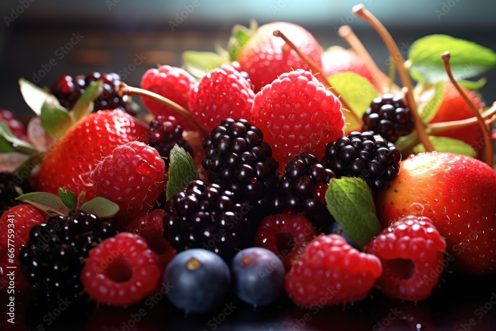 A close-up view of a variety of berries arranged neatly on a table. This image can be used to depict healthy eating, summer fruits, or as a background for food-related content. A close-up view of a variety of berries arranged neatly on a table. This image can be used to depict healthy eating, summer fruits, or as a background for food-related content.
