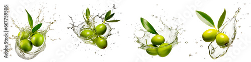 Collection of olives with splashing water on white background